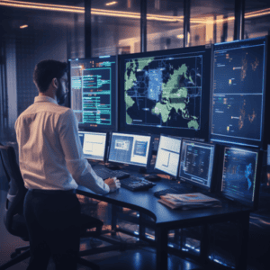 IT guy stand at desk with multiple monitors.